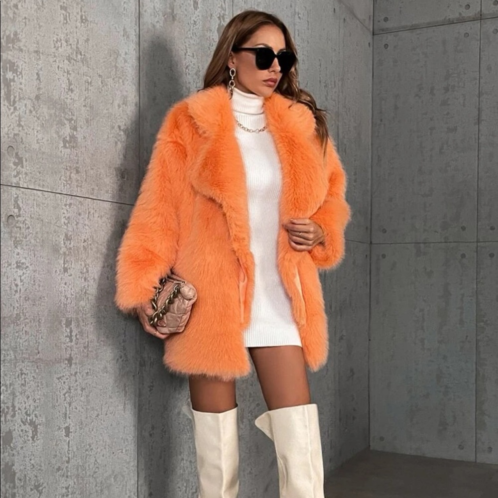 Lapel neck open front fuzzy coat